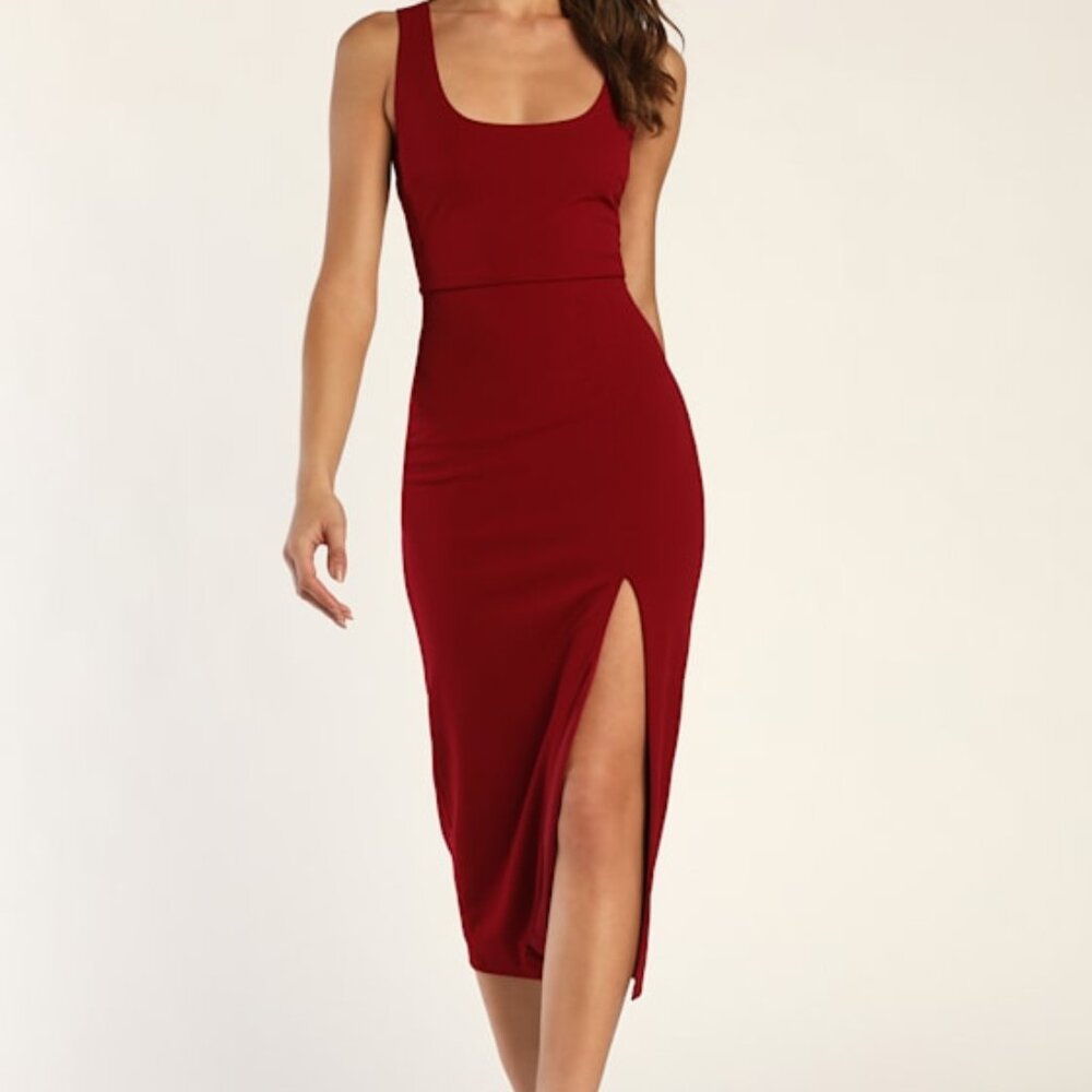 Lulus Sultry Elegance Wine Red Cutout Bodycon Midi Dress - Size Large